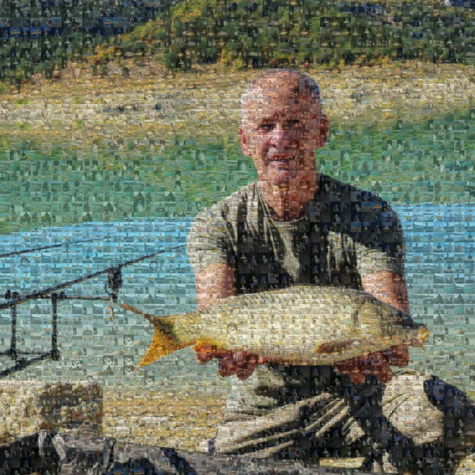 Mosaic portrait of a man holding a fish by a lake
