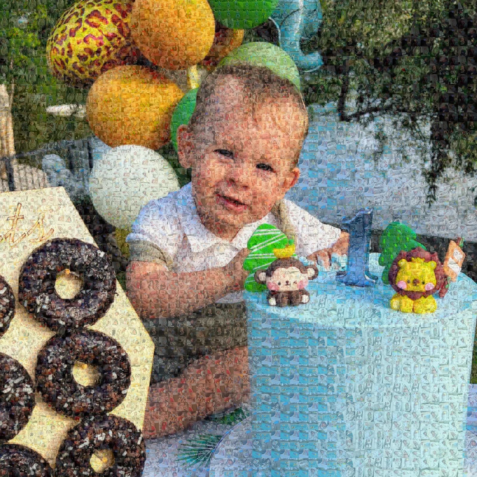 Mosaic portrait of a child at a first birthday party